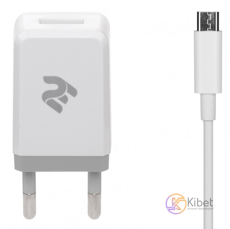 Сетевое зарядное устройство 2E, White, 1xUSB, 2.1A + кабель USB - microUSB (2E-W