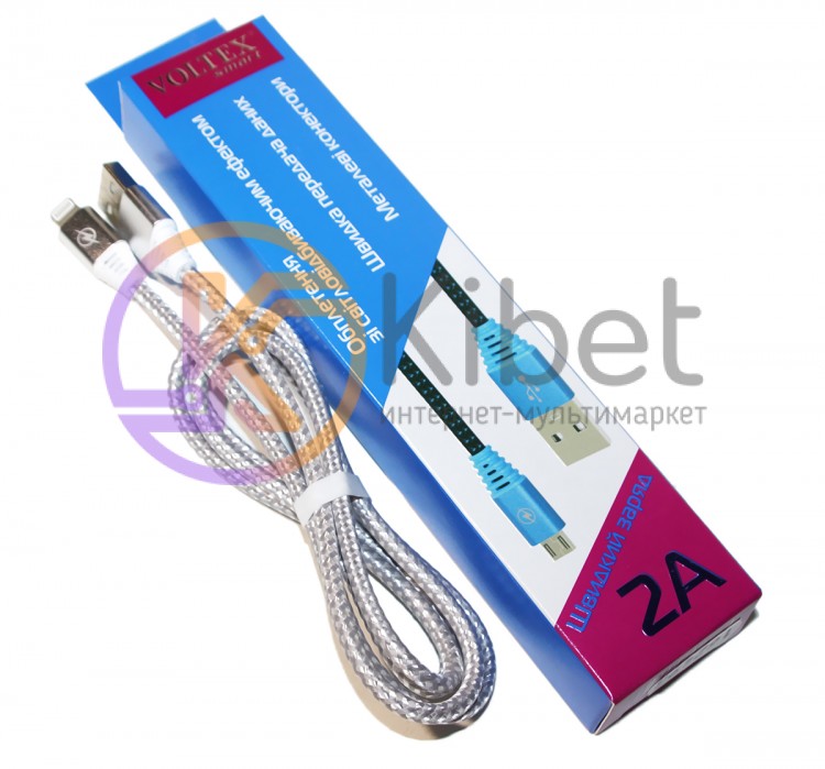 Кабель USB - Lightning, White, 1 м, Voltex Fliker, светоотражающий, 2A