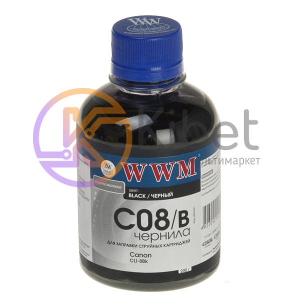 Чернила WWM Canon CLI-8Bk 36, Black, 200 мл, водорастворимые (C08 B)