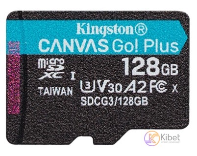 Карта памяти microSDXC, 128Gb, Class 10 UHS-I U3 V30 A2, Kingston Canvas Go! Plu