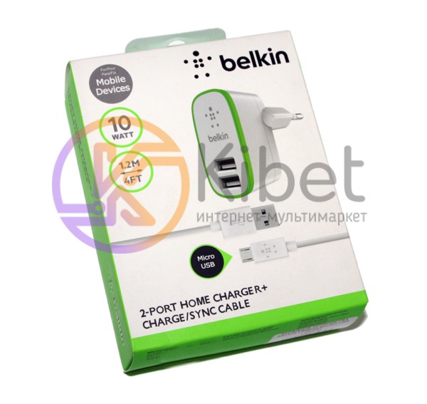Сетевое зарядное устройство Belkin, White, 2xUSB, 2.1A, кабель USB - microUSB