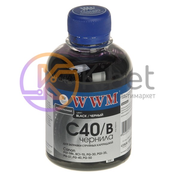 Чернила WWM Canon PG-37 40 50, PGI-5Bk, BCI-15, Black, 200 мл, водорастворимые (
