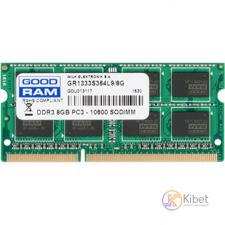 Модуль памяти SO-DIMM, DDR3, 8Gb, 1333 MHz, Goodram, 1.5V (GR1333S364L9 8G)