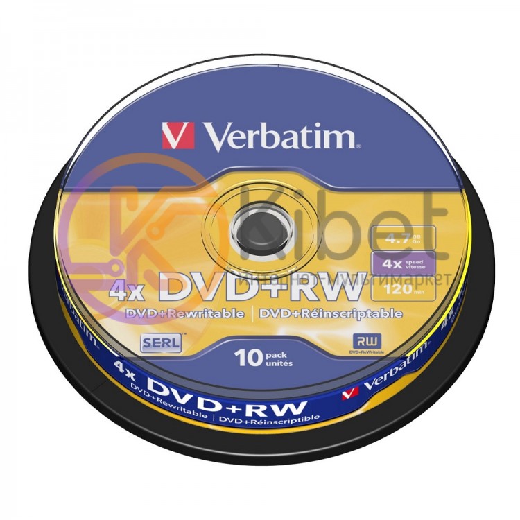 Диск DVD+RW 10 Verbatim, 4.7Gb, 4x, Cake Box (43488)