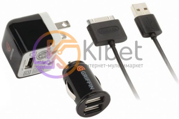 Сетевое + автомобильное зарядное устройство Griffin, Black, АЗУ: 2.1A, 2 x USB С