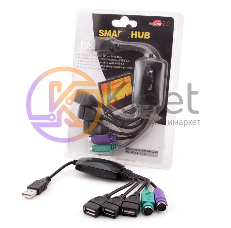 Концентратор USB 2.0 AtCom TD010, Black, 3xUSB, 2xPS 2