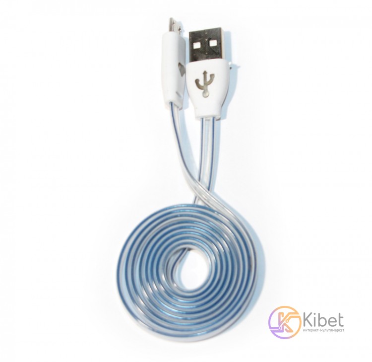 Кабель USB - microUSB, White, 1 м, подсветка кабеля, плоский, Bulk