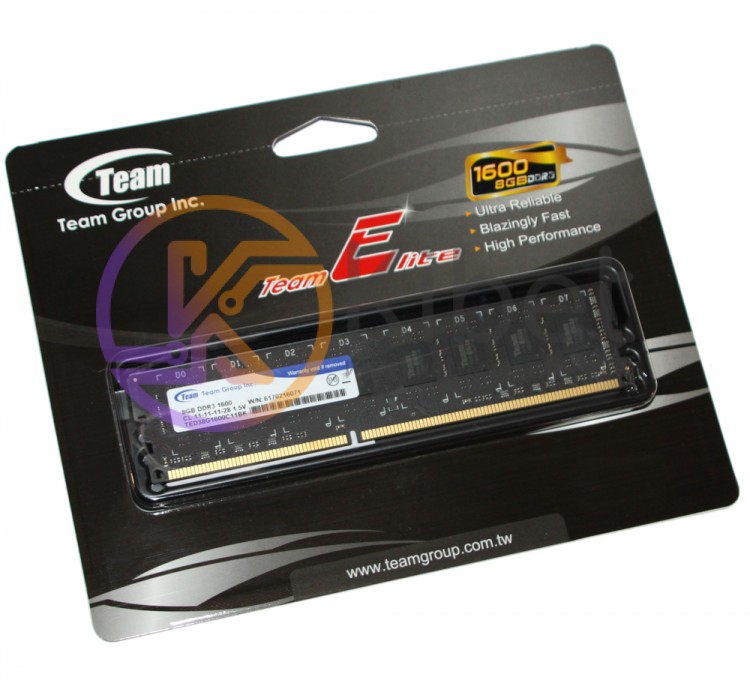 Модуль памяти 8Gb DDR3, 1600 MHz, Team Elite, 11-11-11-28, 1.5V (TED38G1600C1101