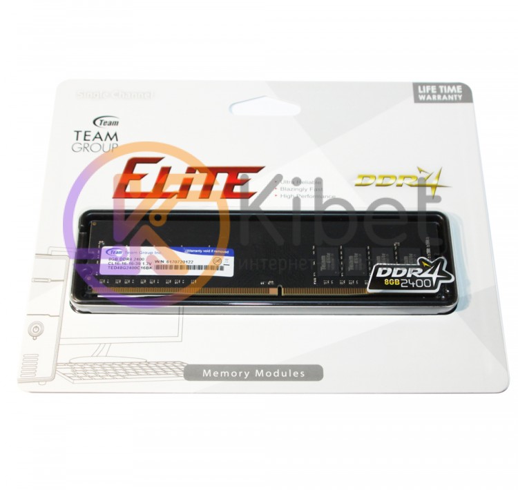 Модуль памяти 8Gb DDR4, 2400 MHz, Team Elite, 16-16-16, 1.2V (TED48G2400C1601)