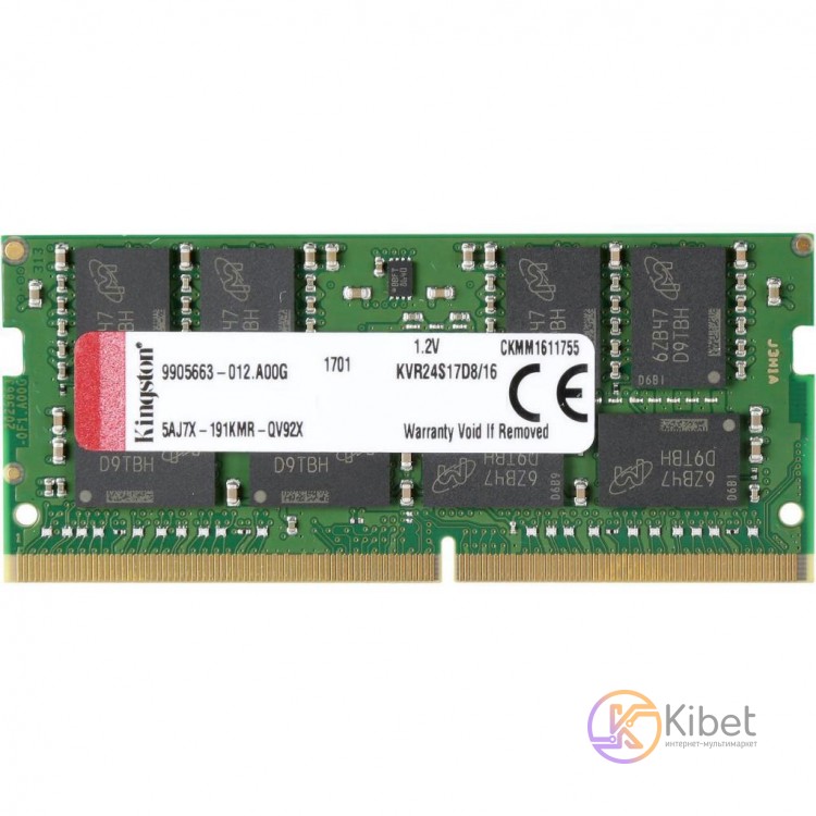 Модуль памяти SO-DIMM, DDR4, 16Gb, 2400 MHz, Kingston, 17-17-17, 1.2V (KVR24S17D