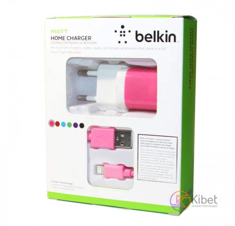 Сетевое зарядное устройство Belkin, Pink, 1xUSB, 1A, кабель USB - iPhone5 (F8J
