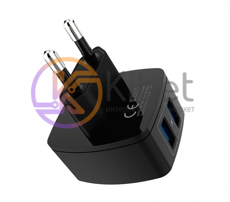 Сетевое зарядное устройство EMY, Black, 2xUSB, 2.4A, кабель USB - iPhone5, LED