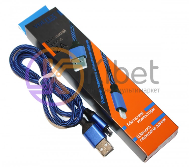 Кабель USB - microUSB, Blue, 1 м, Voltex Zebra, 2A
