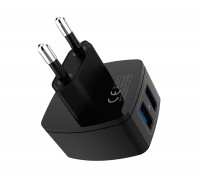 Сетевое зарядное устройство EMY, Black, 2xUSB, 2.4A, кабель USB - microUSB, LE