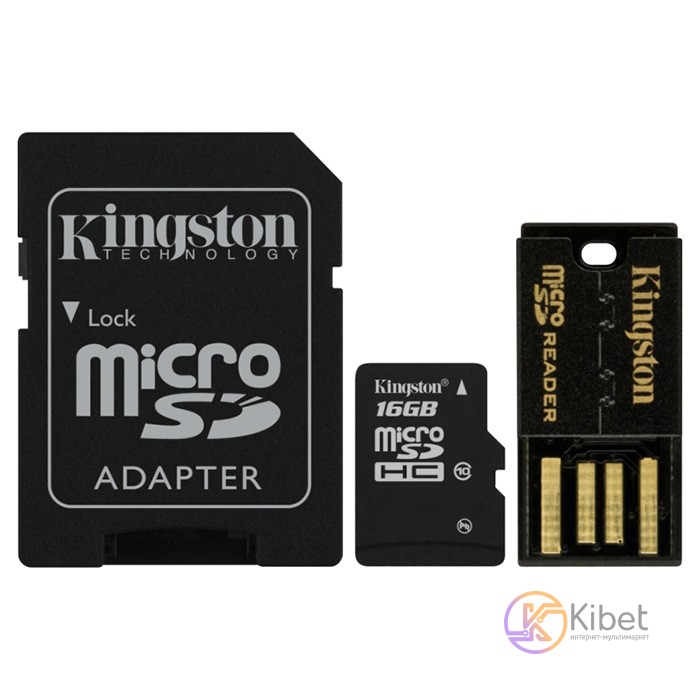 Карта памяти microSDHC, 16Gb, Class10, Kingston, Mobility Kit Gen2 (SD адаптер +