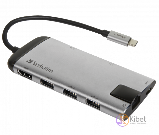Концентратор Type-C, Verbatim, Gray, 3xUSB3.0 HDMI GLan SD microSD, мета