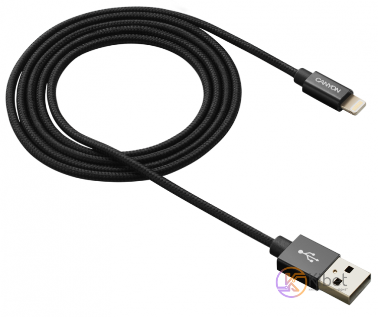 Кабель USB - Lightning, Canyon, Black, 1 м, 2.4A, Apple MFi стандарт (CNS-MFIC