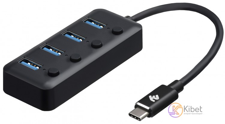 Концентратор USB 3.0 Type-C 2E, Black, 4 порта USB 3.0, кнопки выключения (2E-W1