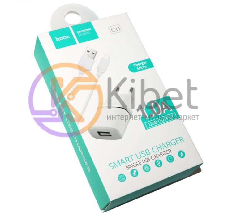 Сетевое зарядное устройство Hoco, White, 1xUSB, 1A, кабель USB - microUSB (C11