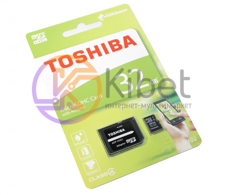 Карта памяти microSDHC, 32Gb, Class4, Toshiba, SD адаптер (THN-M102K0320M2)