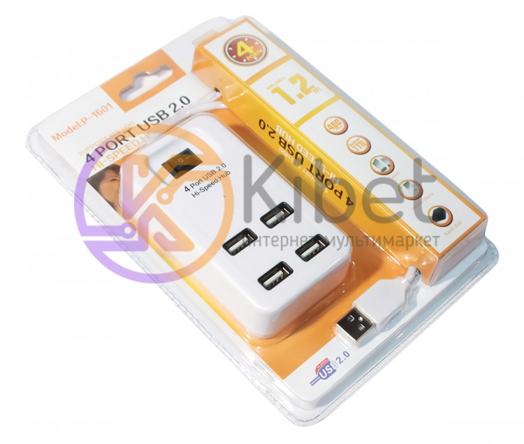 Концентратор USB 2.0, 4 ports, White, 480 Mbps, с кнопкой-выключателем model:p-1