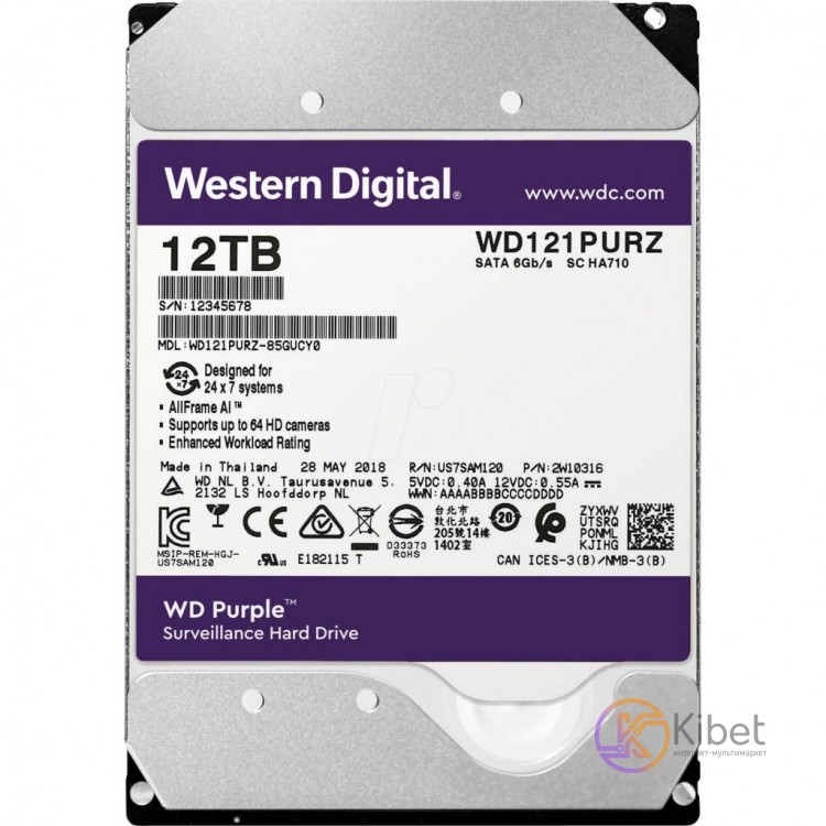 Жесткий диск 3.5' 12Tb Western Digital Purple, SATA3, 256Mb, 7200 rpm (WD121PURZ