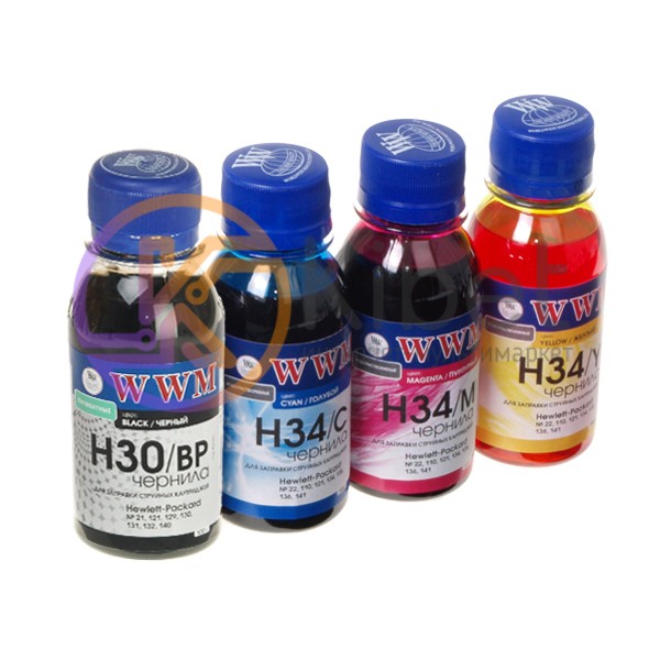 Комплект чернил WWM HP H30 BP, H34 C, H34 M, H34 Y, 100 мл (H30 34SET-2)