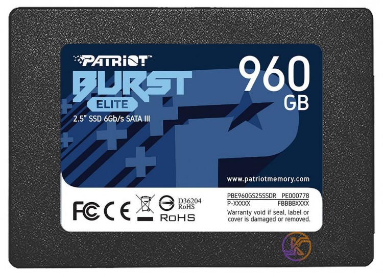 Твердотельный накопитель 960Gb, Patriot Burst Elite, SATA3, 2.5', 3D TLC, 450 32