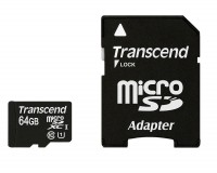 Карта памяти microSDXC, 64Gb, Class10 UHS-I, Transcend, SD адаптер (TS64GUSDU1)
