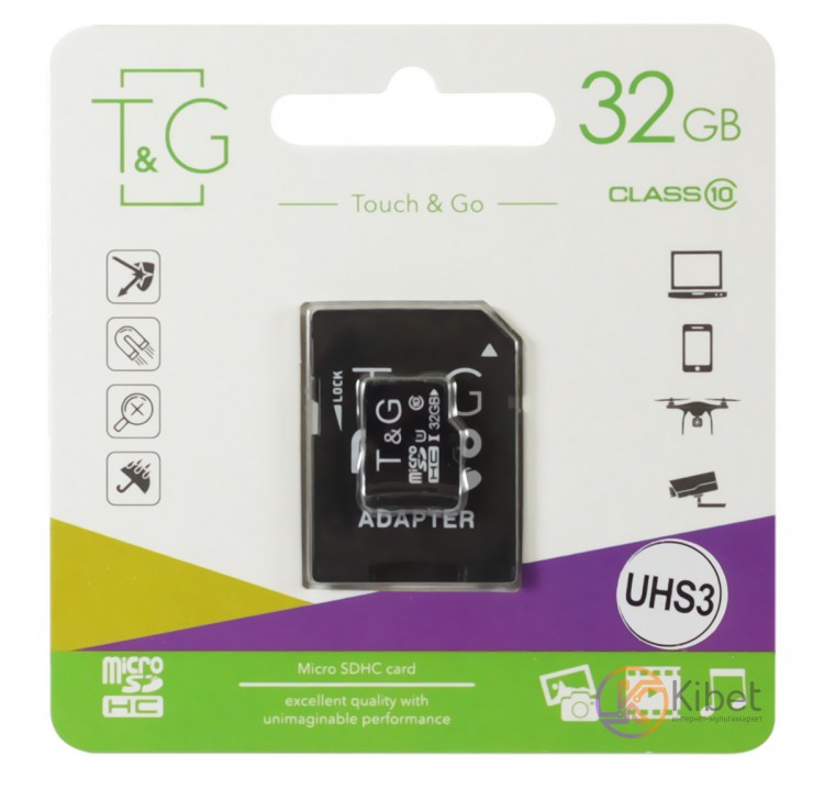 Карта памяти microSDHC, 32Gb, Class10 UHS-1, T G, SD адаптер (TG-32GBSD10U3-01)