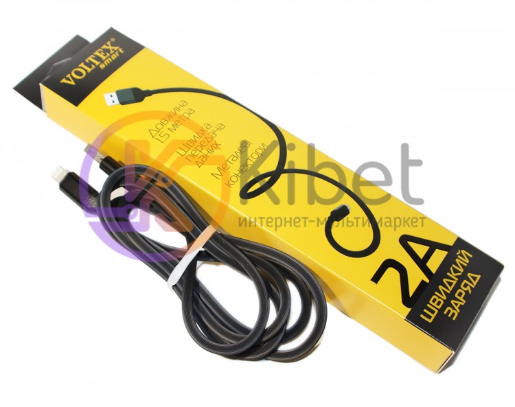 Кабель USB - Lightning, Voltex, Black, 1 м, алюминевые коннектора, металически