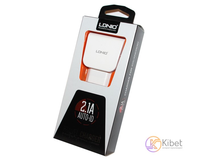 Сетевое зарядное устройство LDNIO, White, 2xUSB, 2.1A, кабель USB - iPhone5 (D