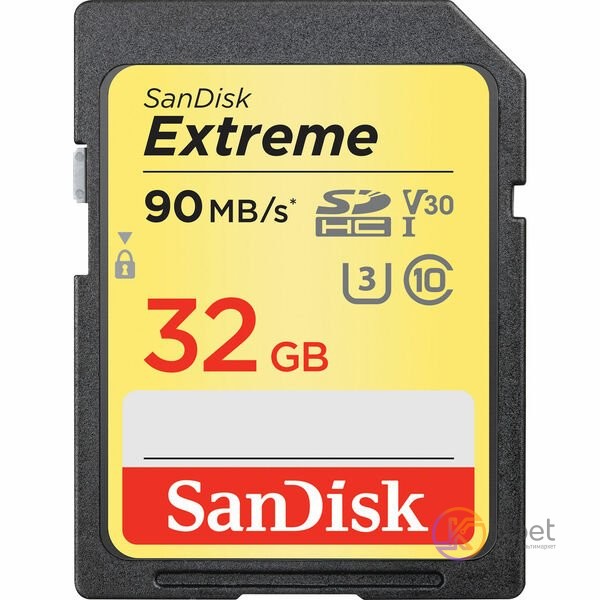 Карта памяти SDHC, 32Gb, Class10 UHS-I U3 V30, SanDisk Extreme, R90 W40 MB s (