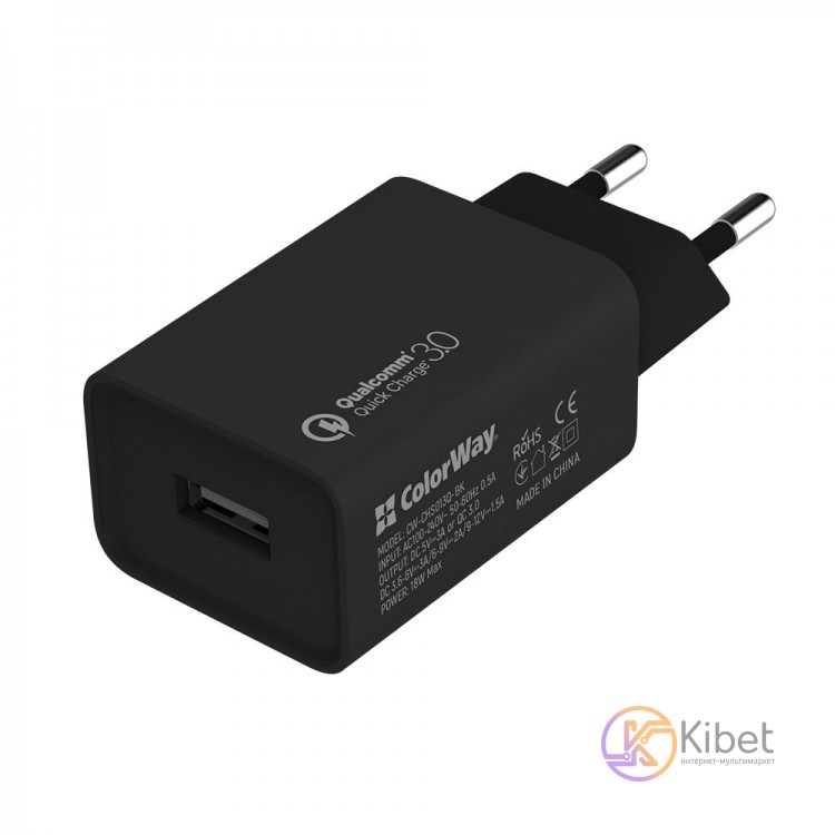 Сетевое зарядное устройство ColorWay, Black, 1xUSB, QC3.0, 3A, 18W, кабель Micro