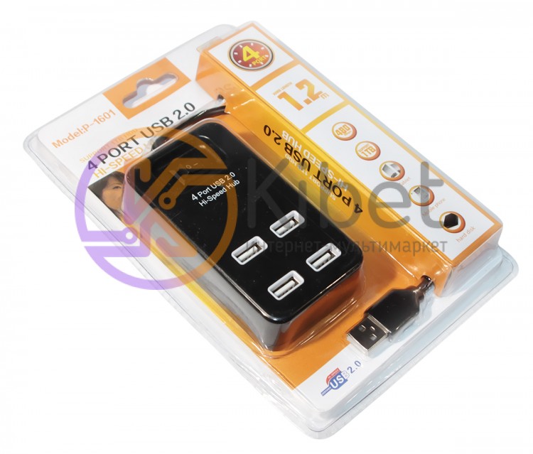 Концентратор USB 2.0, 4 ports, Black, 480 Mbps, с кнопкой-выключателем model:p-