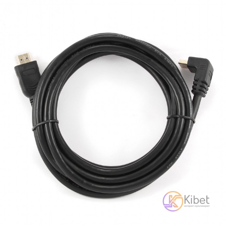 Кабель HDMI - HDMI 3 м Cablexpert Black, V.2.0, позолоченные коннекторы, угловой