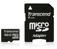 Карта памяти microSDHC, 4Gb, Class10, Transcend, SD адаптер (TS4GUSDHC10)