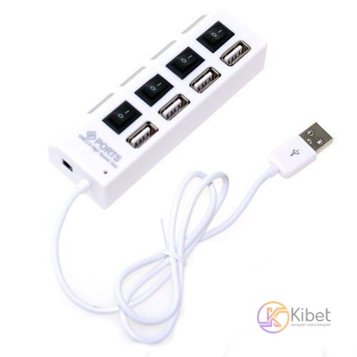 Концентратор USB 2.0, 4 ports, White, 480 Mbps, LED подсвтека, выключатель для к