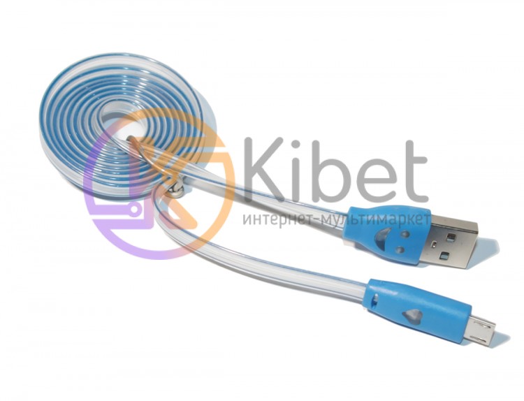 Кабель USB - microUSB, Blue, 1 м, подсветка кабеля, плоский, бегущая индикация
