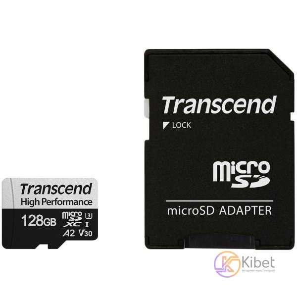 Карта памяти microSDXC, 128Gb, Class10 UHS-I U3 V30 A2, Transcend 330S, SD адапт