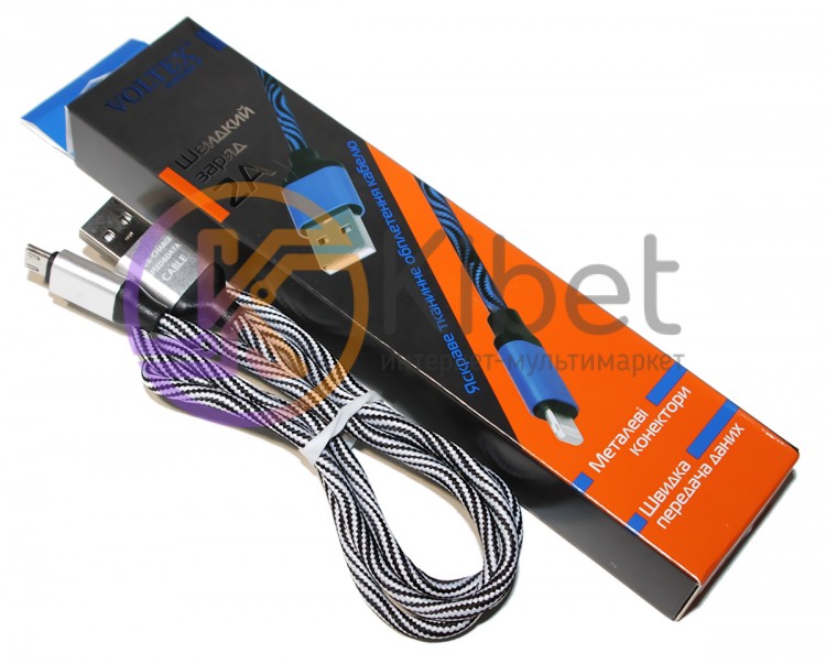 Кабель USB - microUSB, White, 1 м, Voltex Zebra, 2A