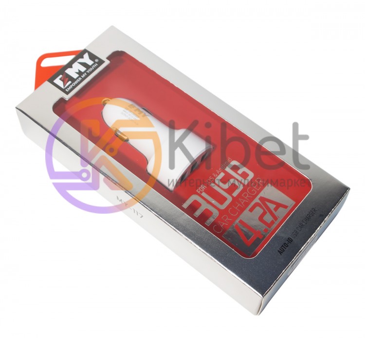Автомобильное зарядное устройство EMY, White, 3xUSB, 4.2A, кабель USB - microU