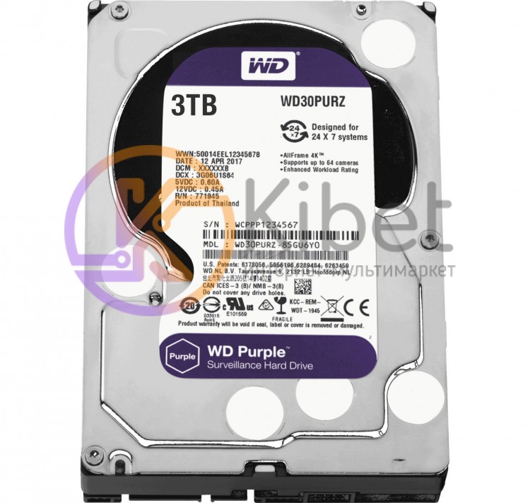 Жесткий диск 3.5' 3Tb Western Digital Purple, SATA3, 64Mb, 5400 rpm (WD30PURZ)