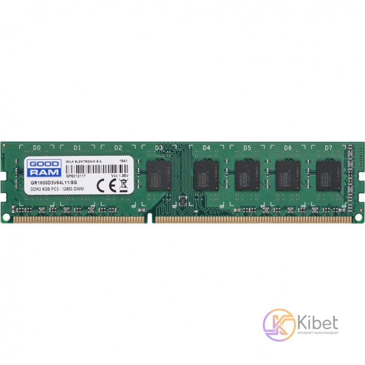 Модуль памяти 8Gb DDR3, 1600 MHz, Goodram, 11-11-11-28, 1.35V (GR1600D3V64L11 8G