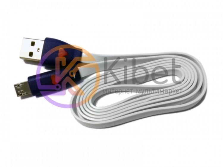 Кабель USB - microUSB, White, 1 м, подсветка коннекторов, плоский, Bulk