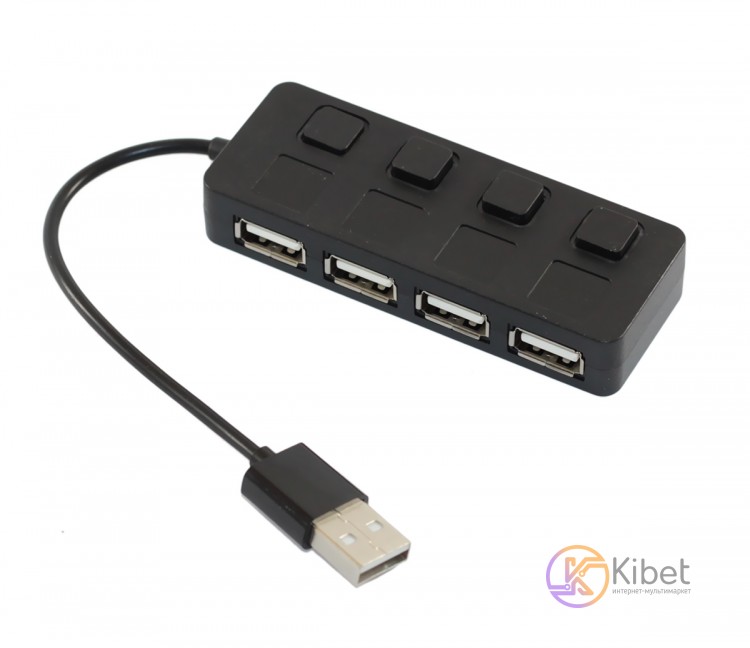Концентратор USB 2.0, 4 ports, Black, 480 Mbps, LED подсвтека, выключатель для к
