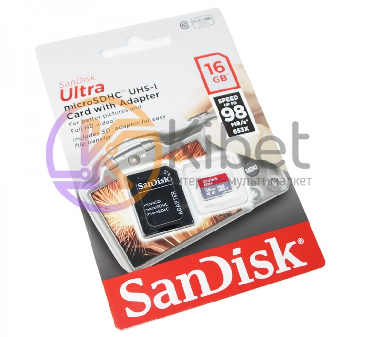 Карта памяти microSDHC, 16Gb, Class10 UHS-I, SanDisk R98MB s Ultra, SD адаптер (