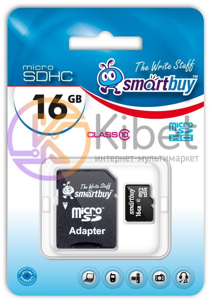 Карта памяти microSDHC, 16Gb, Class10, SmartBuy, SD адаптер (SB16GBSDCL10-01)