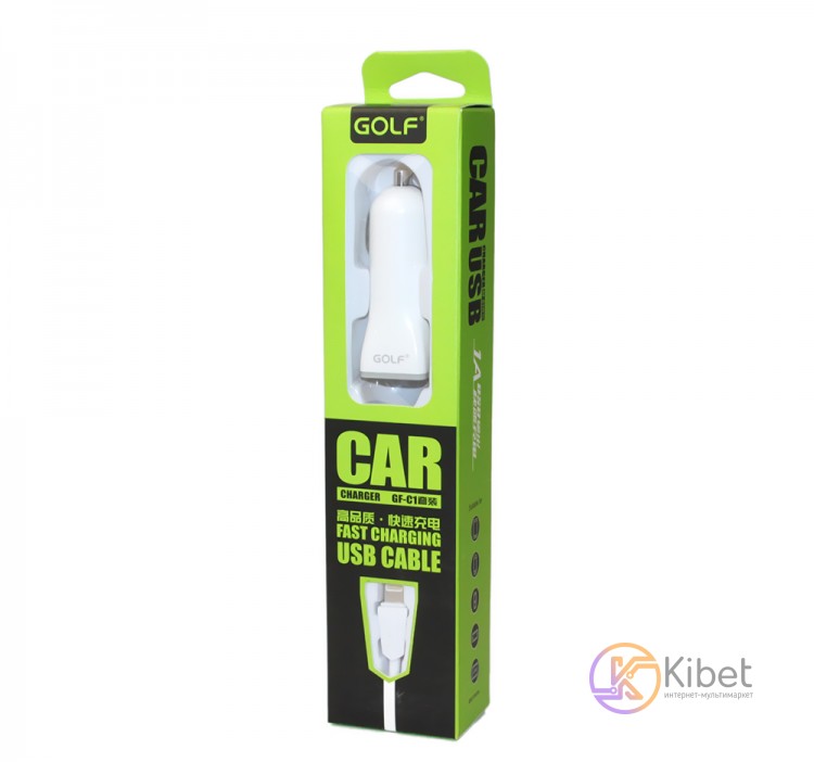 Автомобильное зарядное устройство Golf, White, 1xUSB, 1A, кабель USB - Lightni