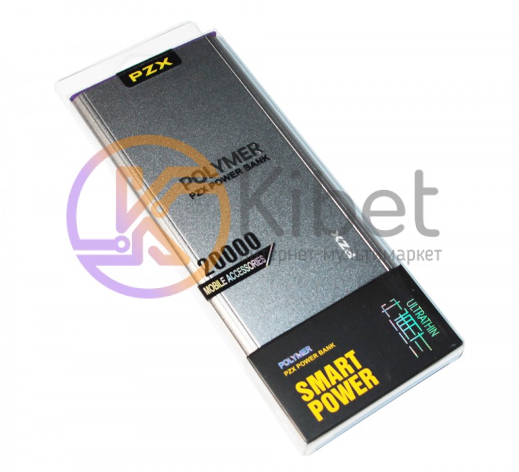 Универсальная мобильная батарея 20000 mAh, PZX, Gray, 1xUSB, 5V 1A, кабель USB